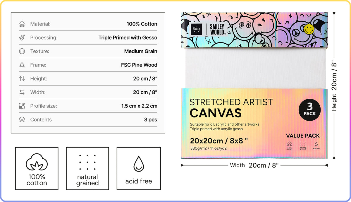 Artsmile & SmileyWorld® Stretched Rectangular Canvas, 20x20cm (8x8”), Set of 3