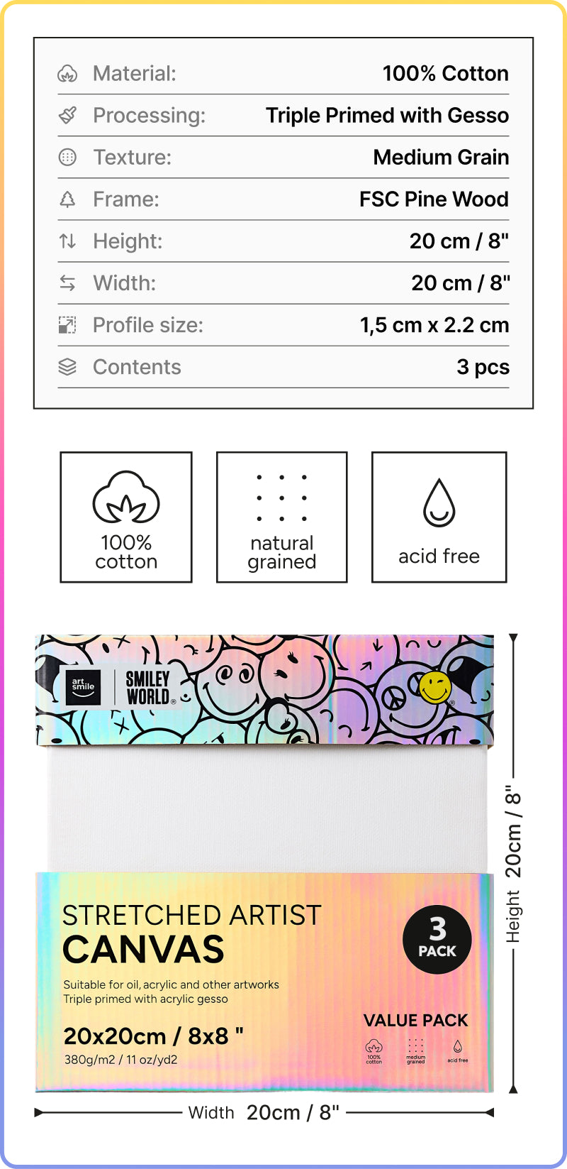 Artsmile & SmileyWorld® Stretched Rectangular Canvas, 20x20cm (8x8”), Set of 3