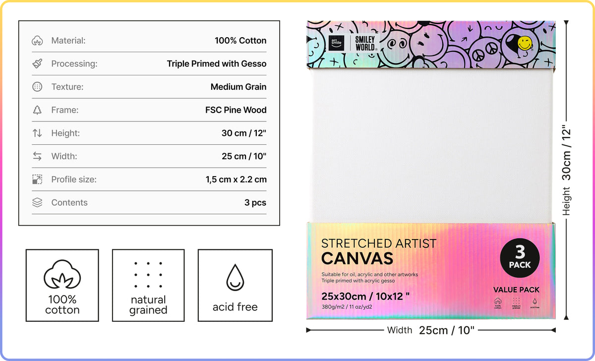 Artsmile & SmileyWorld® Stretched Rectangular Canvas, 25x30cm (12x12”), Set of 3