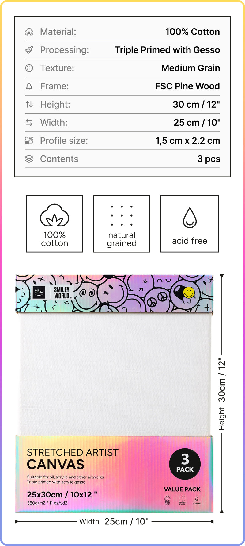 Artsmile & SmileyWorld® Stretched Rectangular Canvas, 25x30cm (12x12”), Set of 3