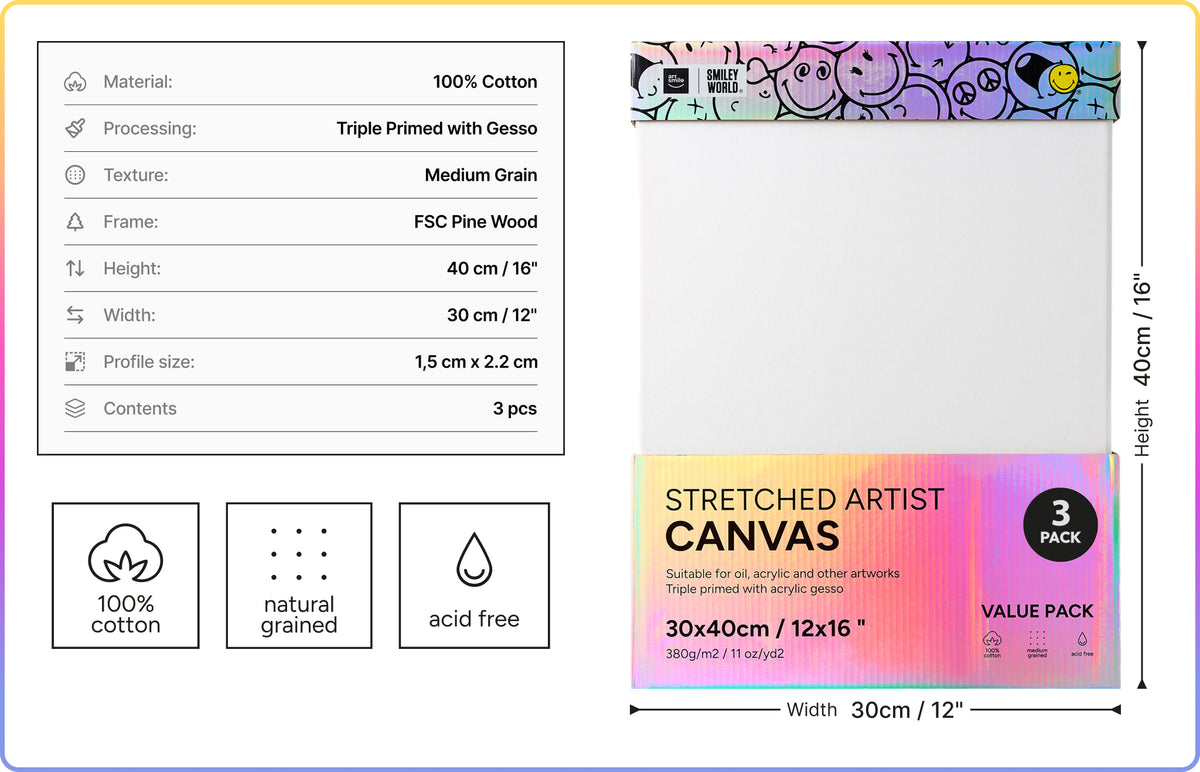 ArtSmile & SmileyWorld® Stretched Rectangular Canvas, 30x40cm (12x16”), Set of 3