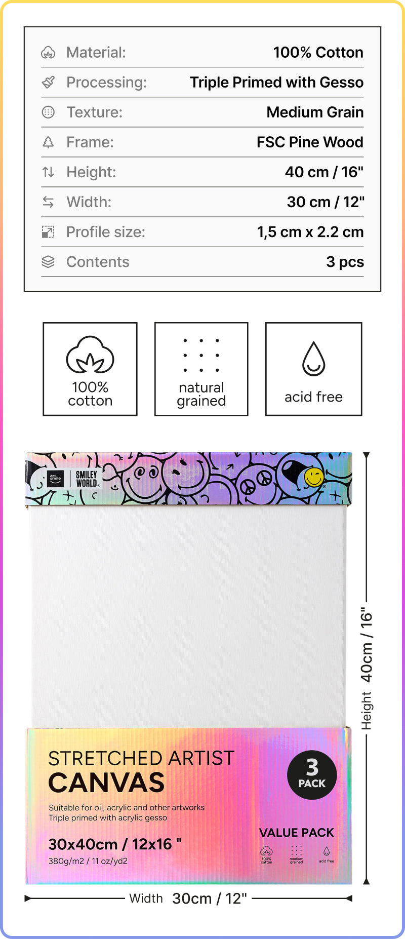 ArtSmile & SmileyWorld® Stretched Rectangular Canvas, 30x40cm (12x16”), Set of 3