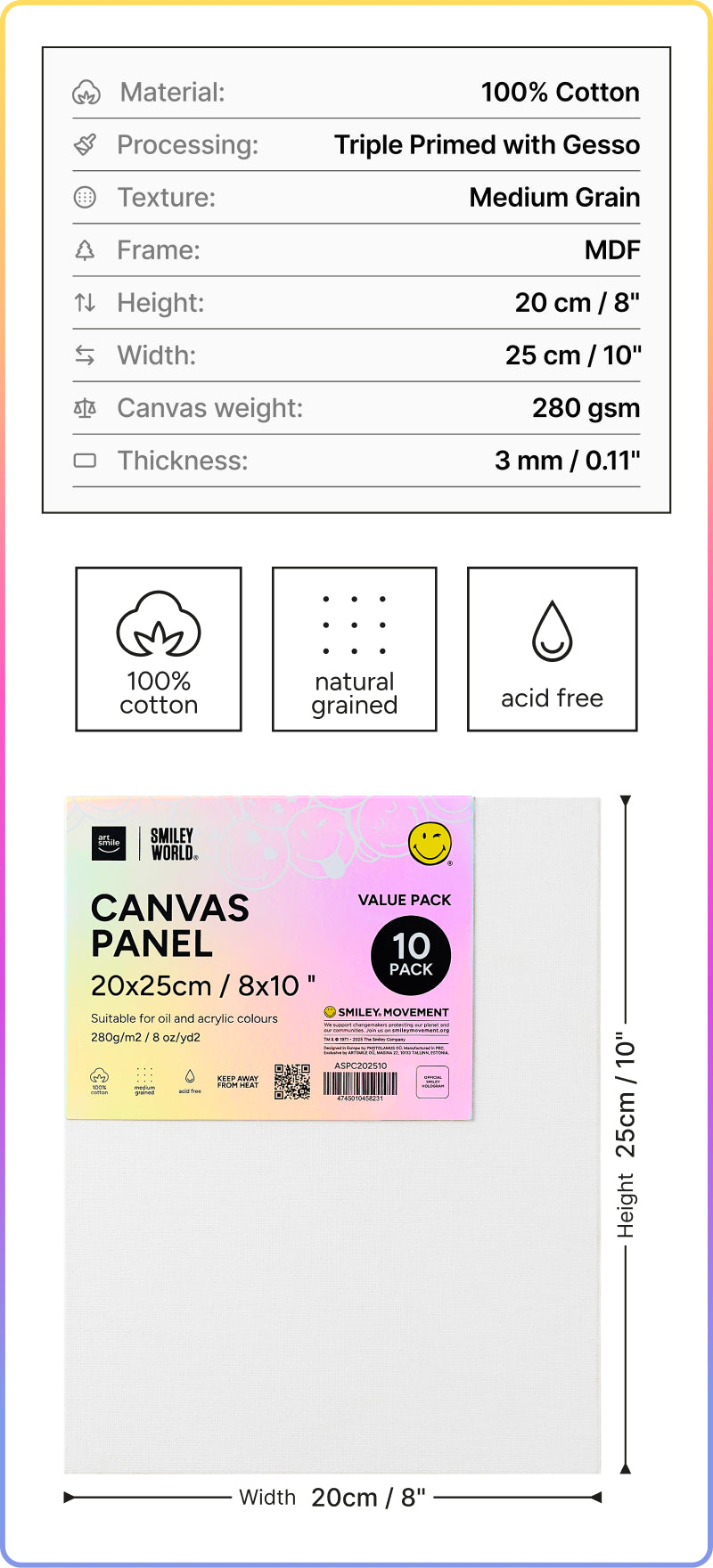 Artsmile & Smiley World® Stretched Canvas Panel, 20x25cm (8x10”), Set of 10