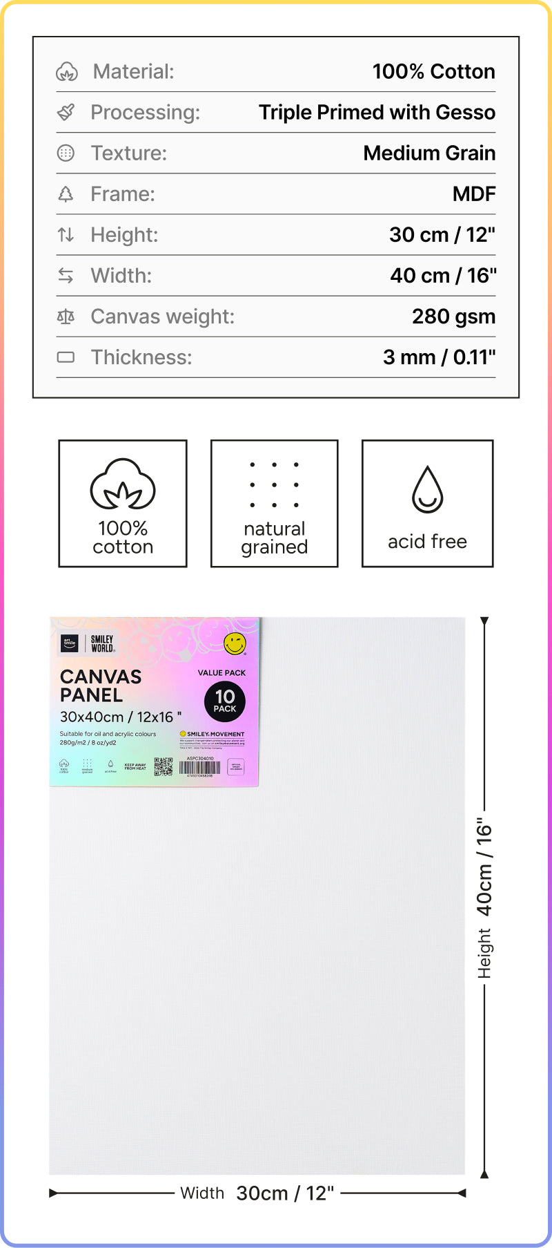 Artsmile & SmileyWorld® Stretched Canvas Panel, 30x40cm (12x16”), Set of 10
