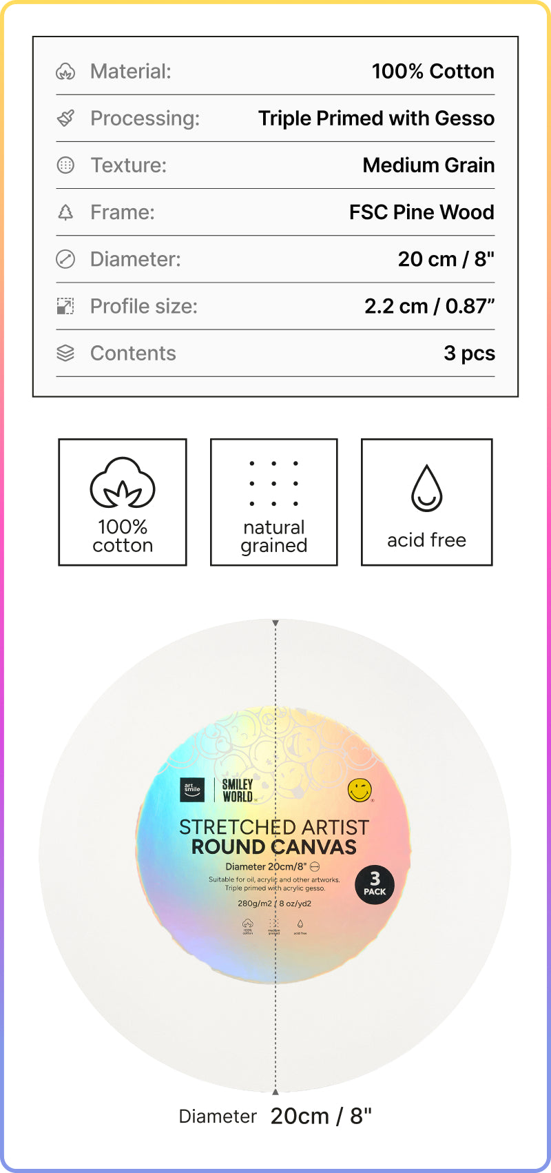Artsmile & SmileyWorld® Stretched Round Canvas, dia. 20cm (8”), Set of 3