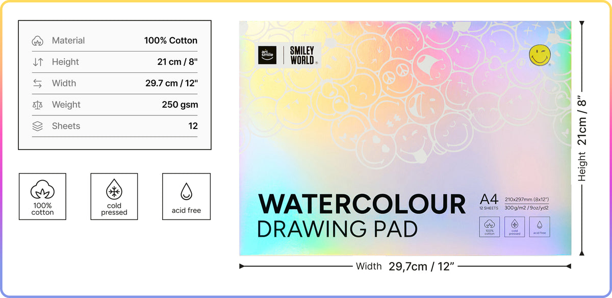 Artsmile & SmileyWorld® Watercolour Drawing Pad, A4, 12 Sheets